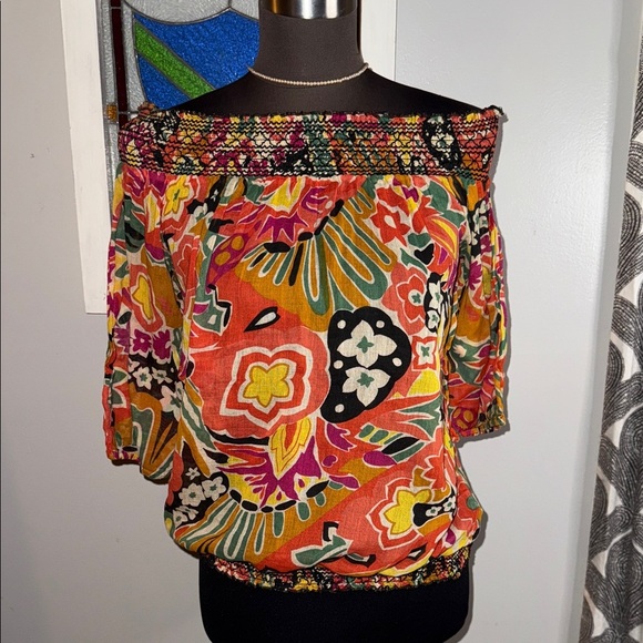 Forever 21 Vintage 100% Cotton Smocked Waist Off the Shoulder Top SZ Large - Picture 1 of 8